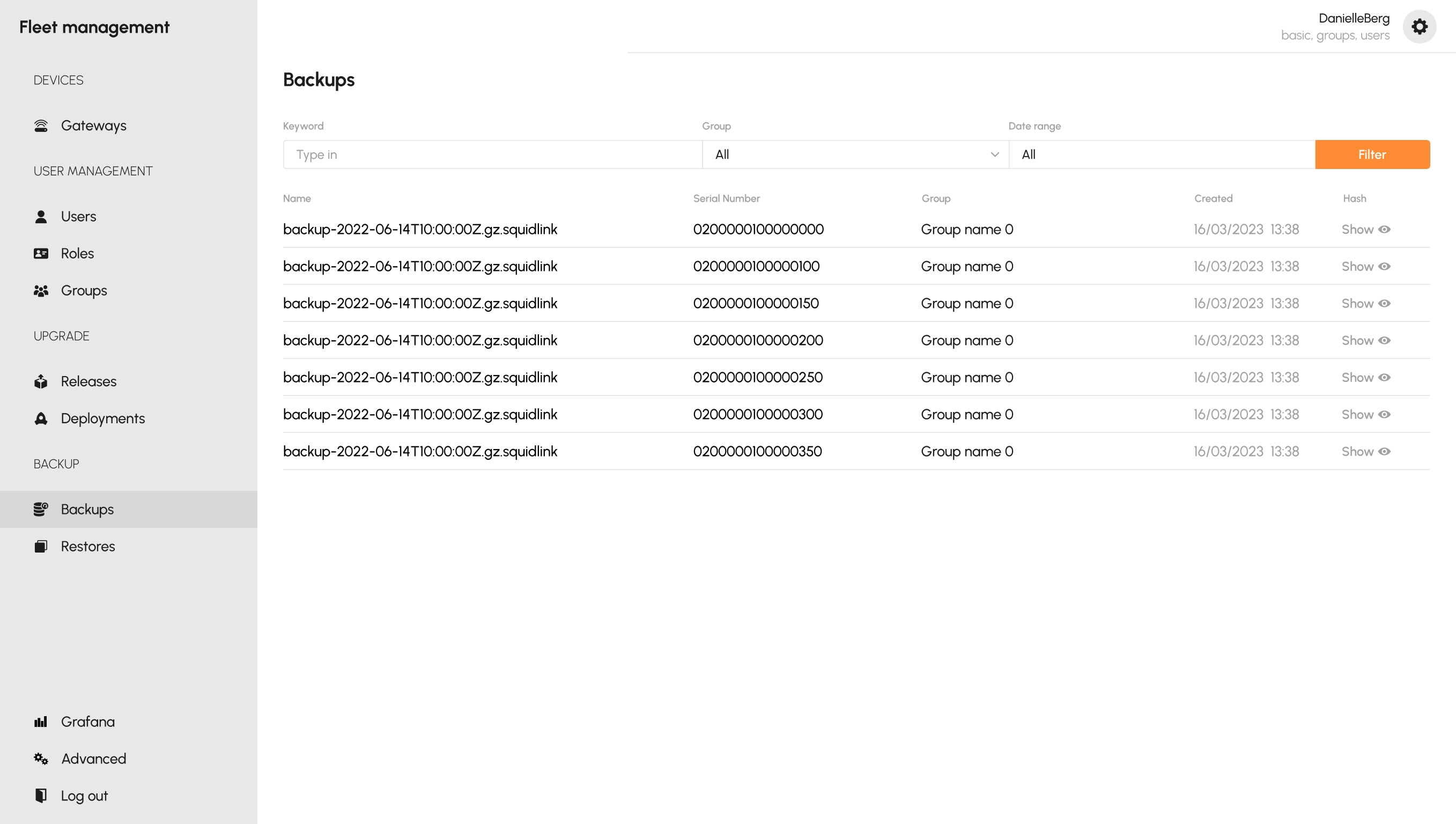 Backups list with serial, group, timestamp and hash