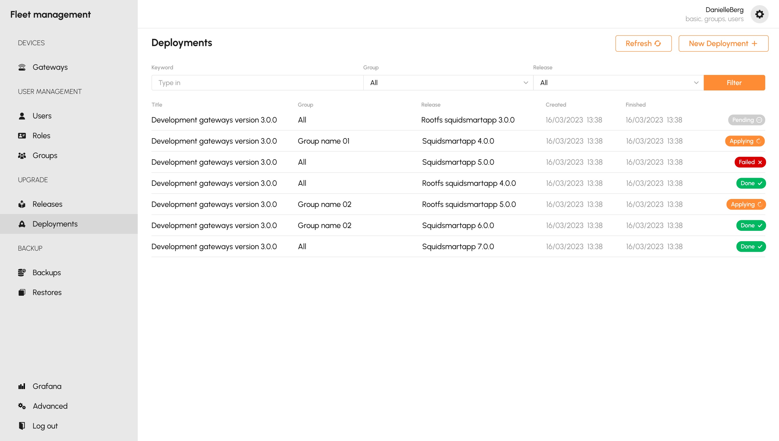 Deployments list with per-deployment status badges
