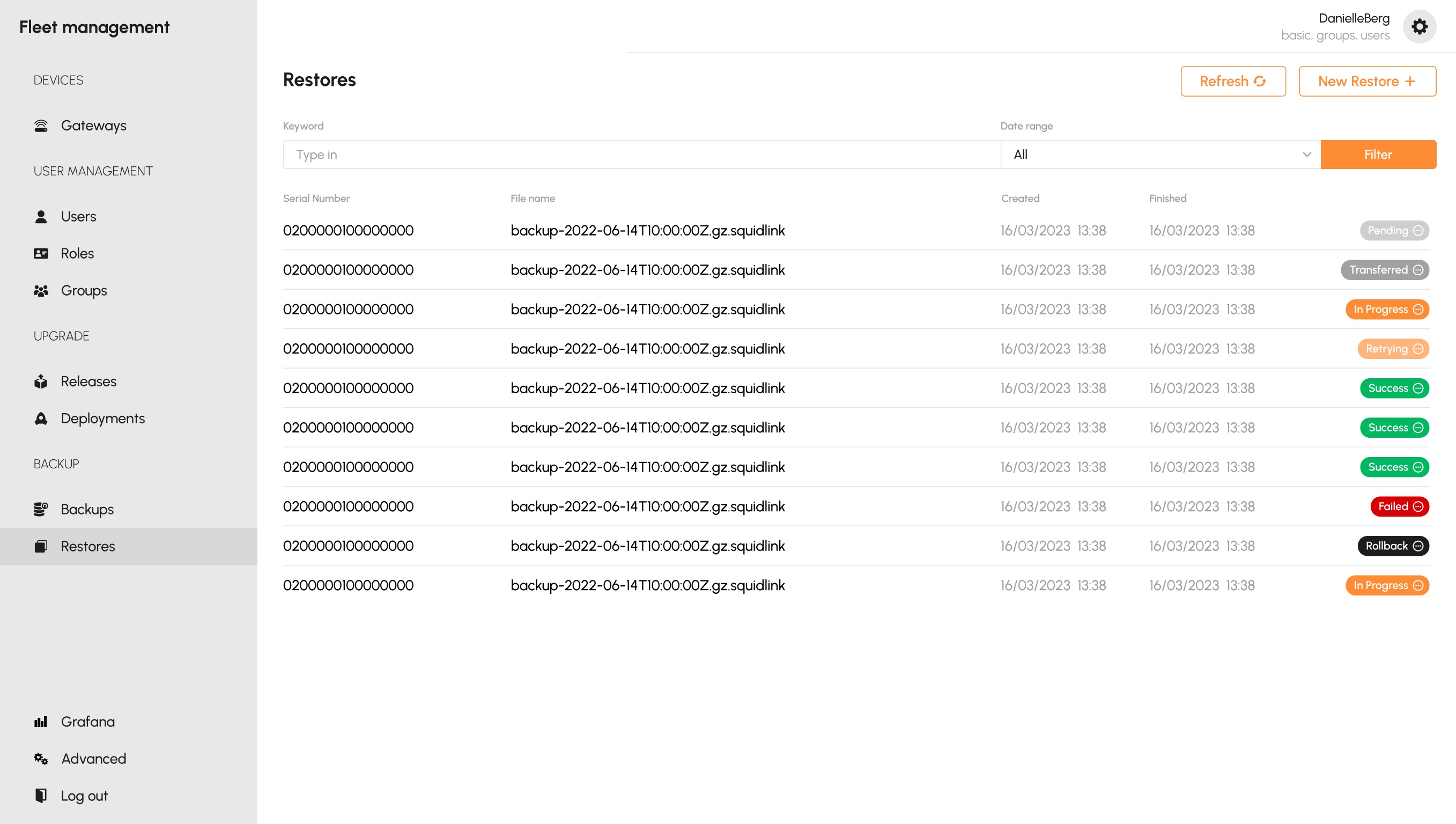 Restores list showing the full status vocabulary including Rollback