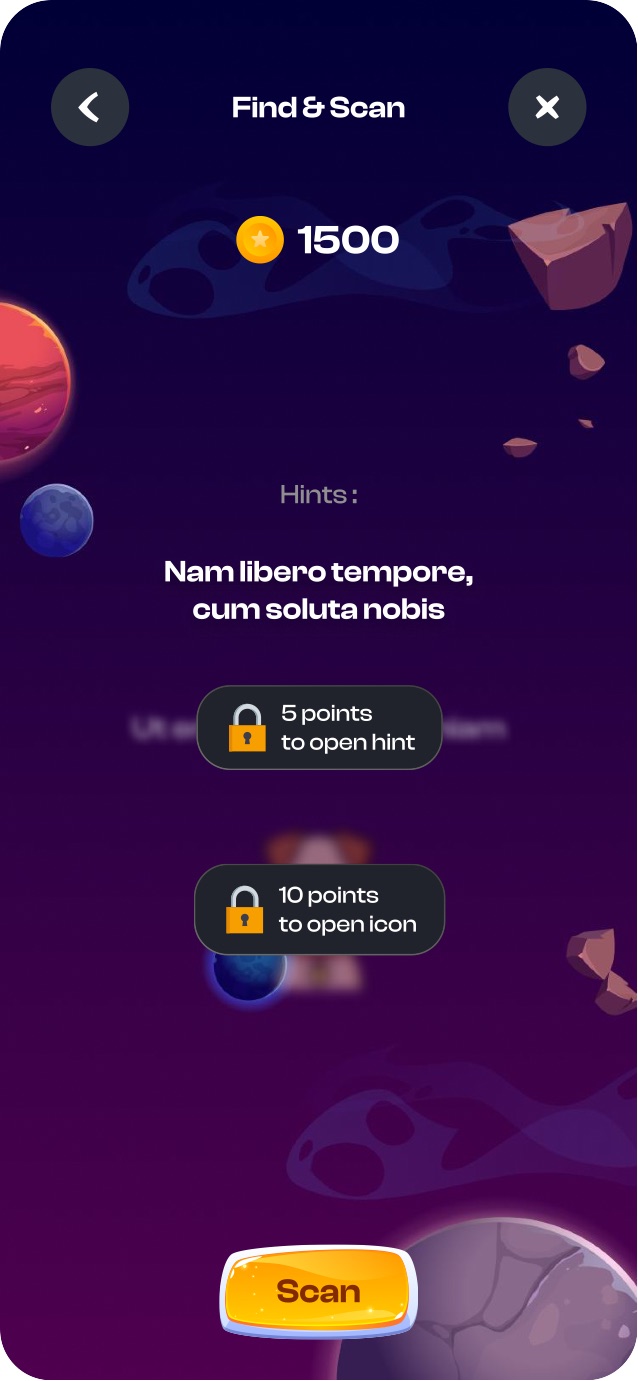 Player - spend points to open a hint or an icon
