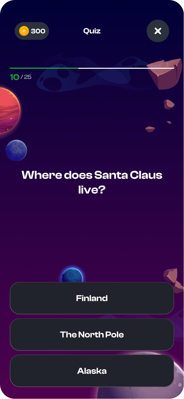 Player - a multiple-choice quiz question with the points balance in the header