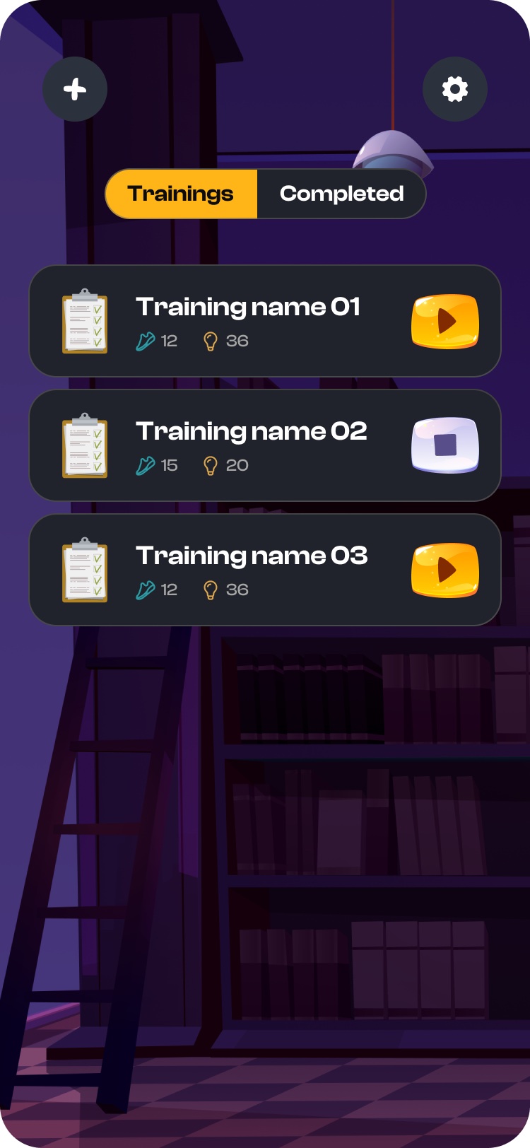 Teacher - the trainings list with tabs, sort and per-item controls