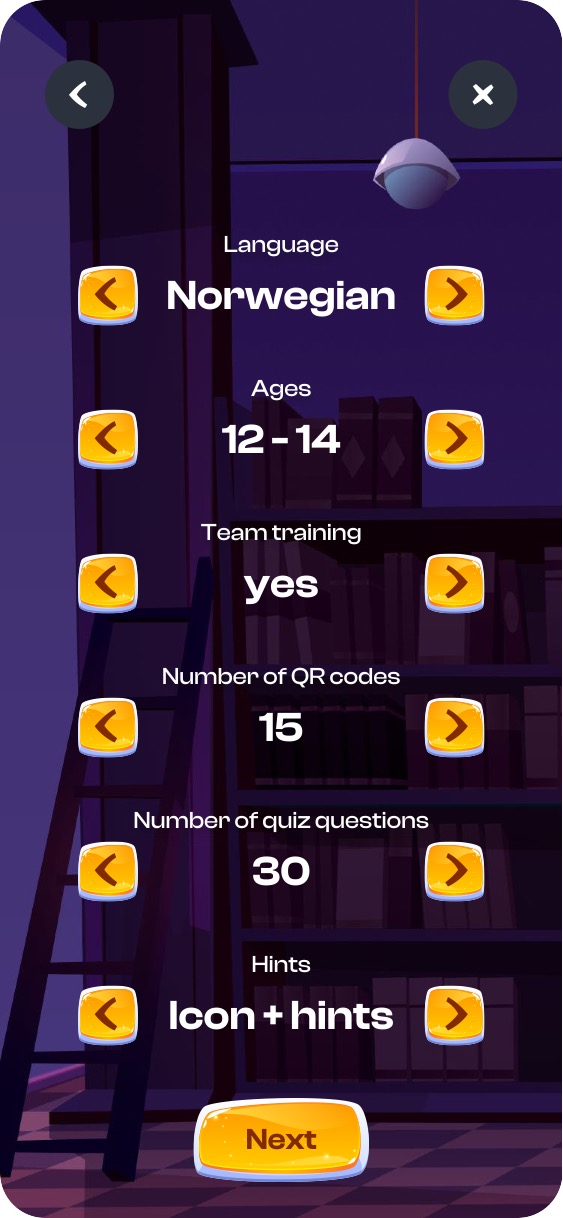 Teacher - configure rules: language, ages, team, QR count, questions, hints